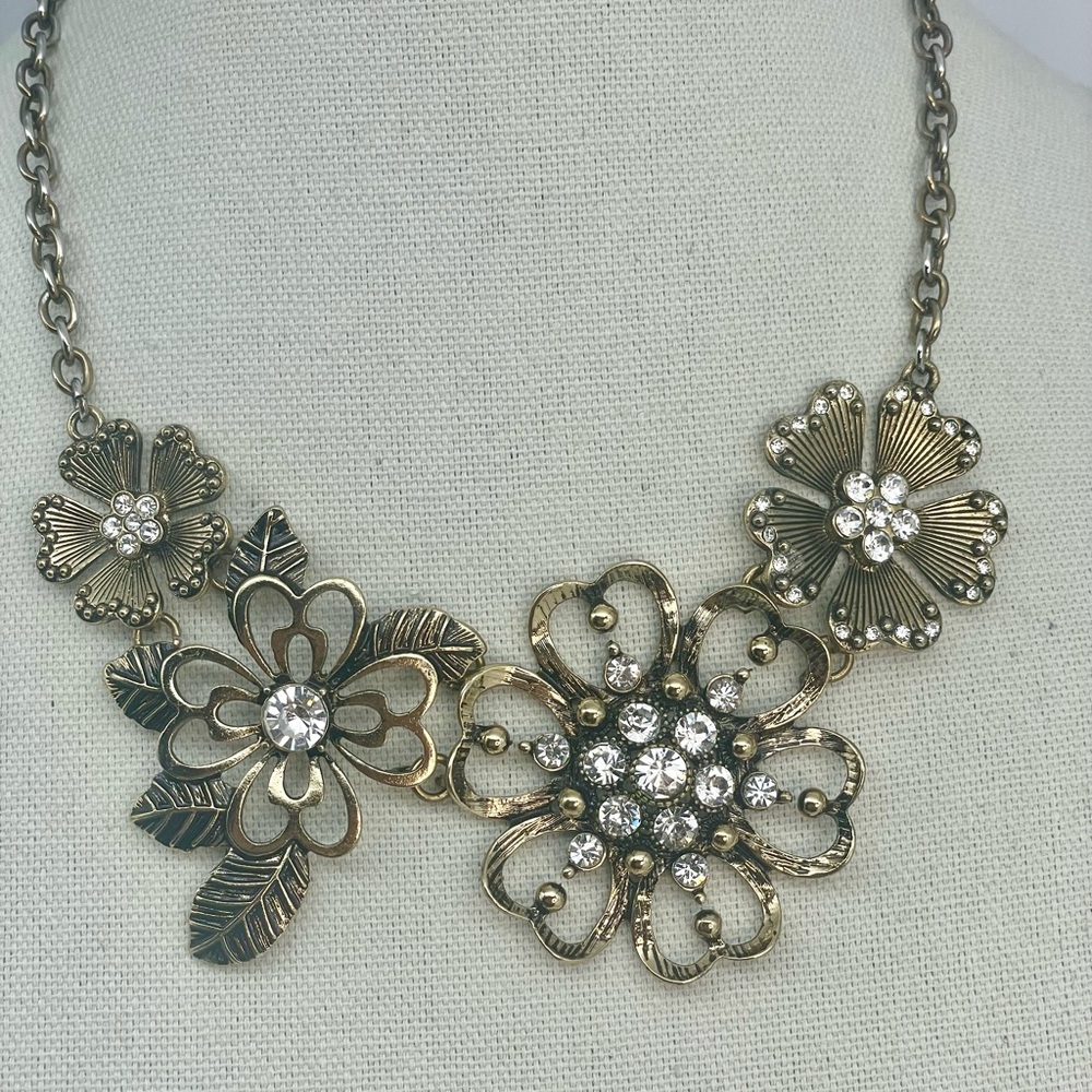 Floral Gold Necklace with Crystal Accents